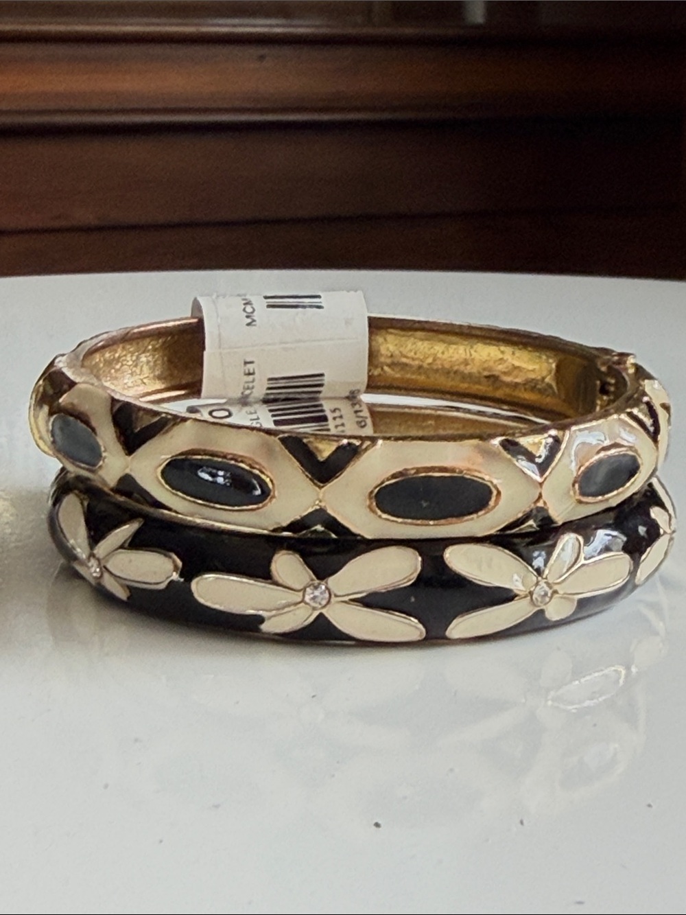 MCM Gold-Tone & Black Floral Enamel hinged Bangle Set - Women Jewelry